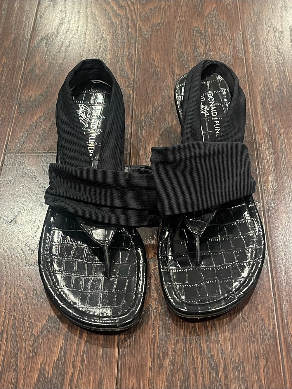 Donald J. Pliner Black Croc-Embossed Thong Sandals with Stretch Upper
